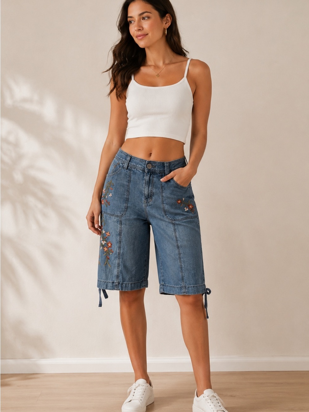 St. John Light Blue Embroidered Denim Bermuda Shorts # 100